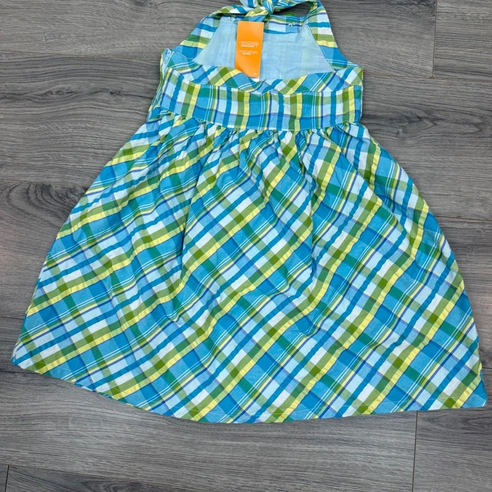 Gymboree Girls Blue Green Plaid Halter Dress 3D Flower Rhinestone‎ Size 7 NWT